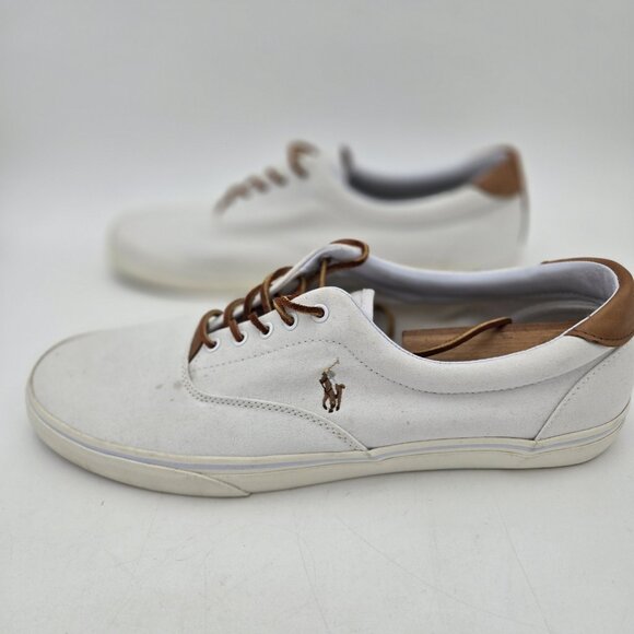 Polo Ralph Lauren Thorton 15D Tan Canvas Leather Trim Sneakers Mens White 01087 - Picture 4 of 12